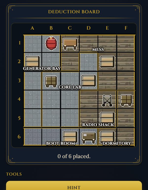 The 6 by 6 deduction board with rooms and furniture
