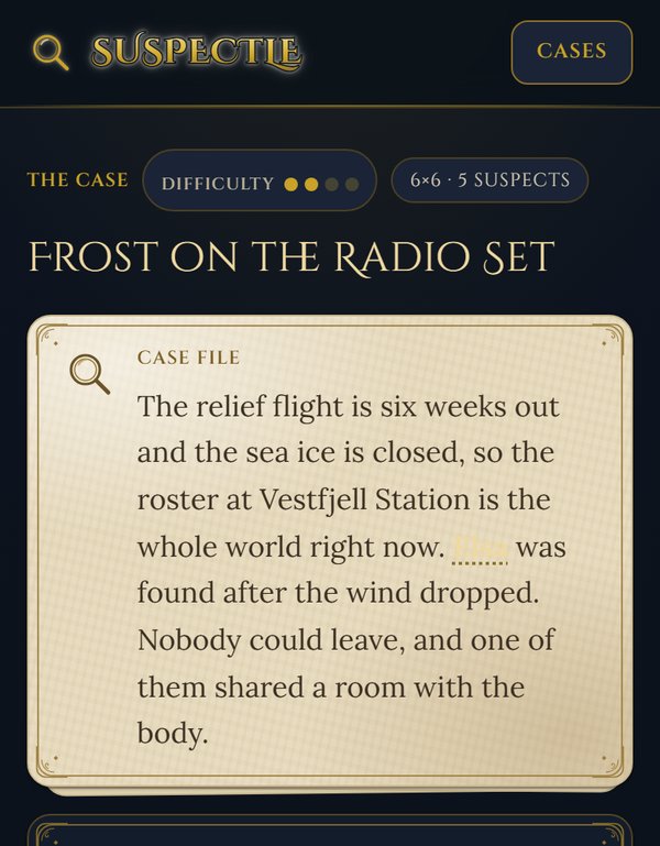 The case file for Frost on the Radio Set in Suspectle