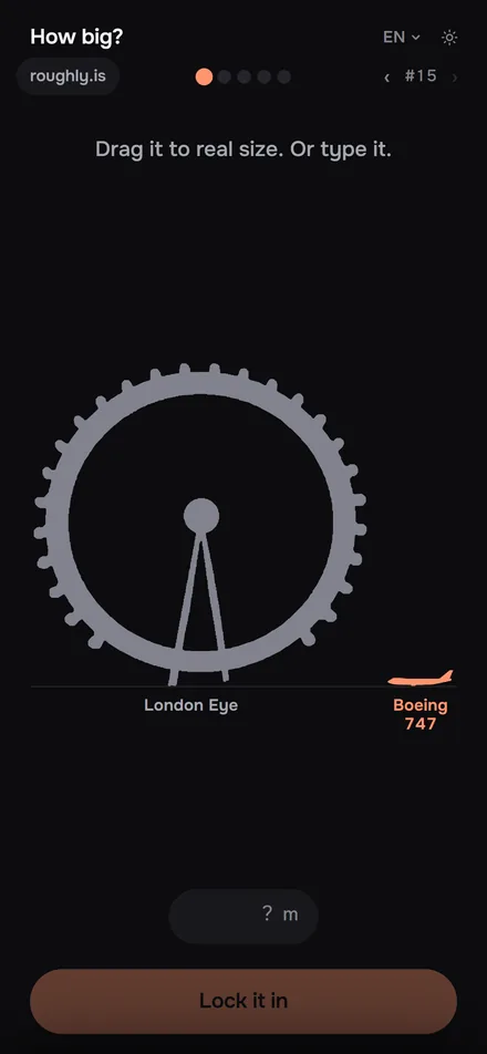 The London Eye on the left, a small Boeing 747 on the right at its starting size