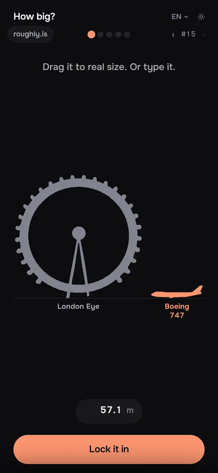 The 747 being pulled larger, the number running along at 57 metres