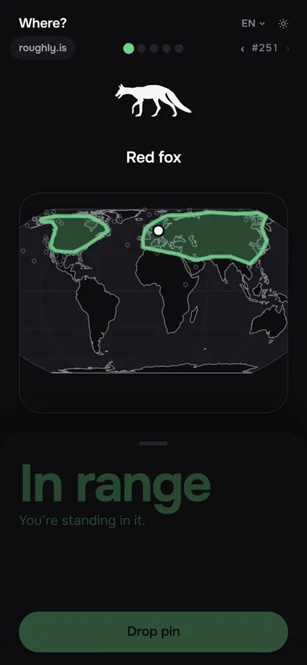 The reveal: the animal's real range in green, with the distance from the pin