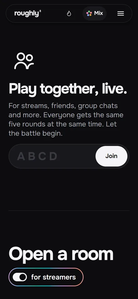 roughly.is/r on a phone: a field for the four-letter code and a Join button