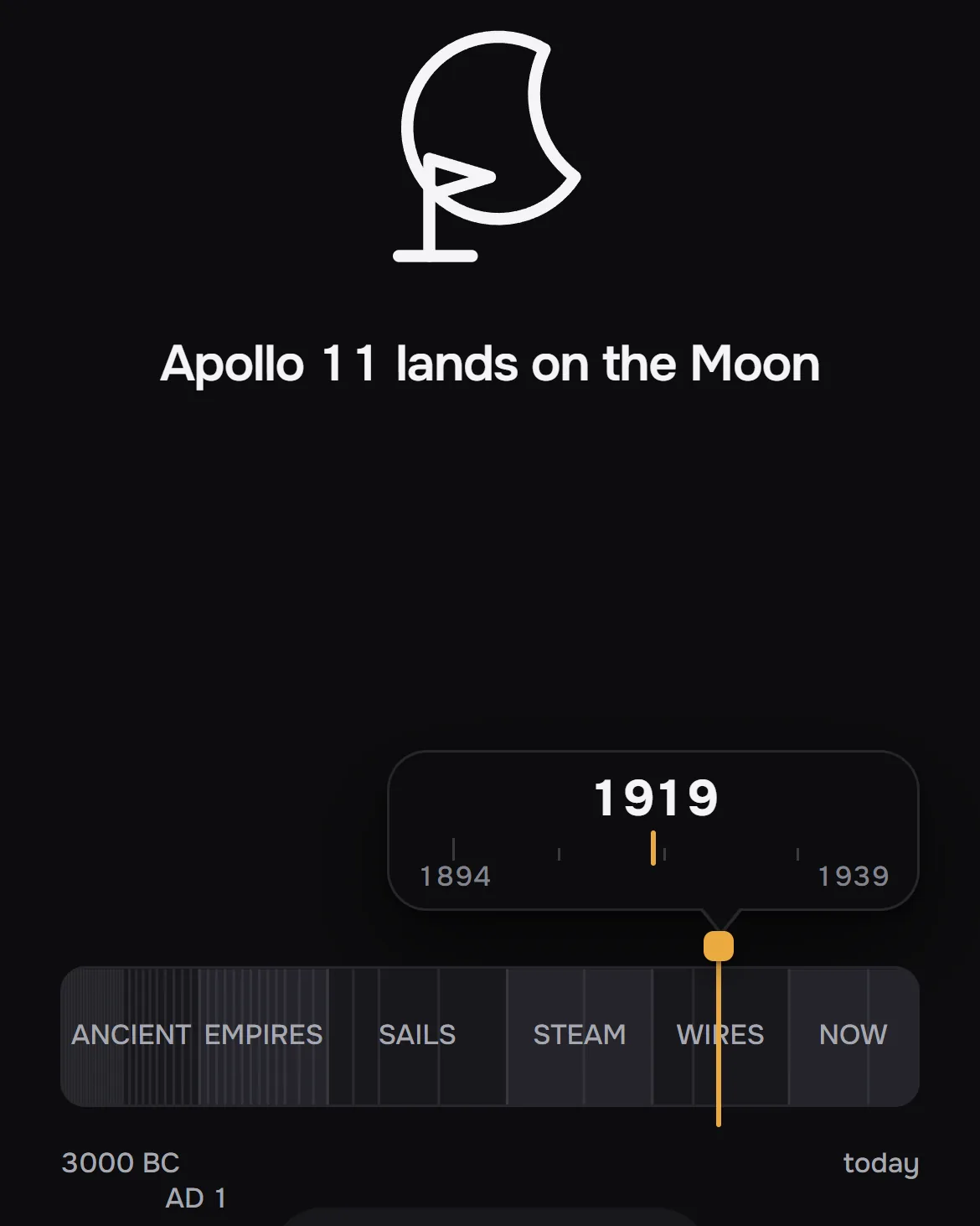 The pin being dragged along the ribbon while a loupe names the year